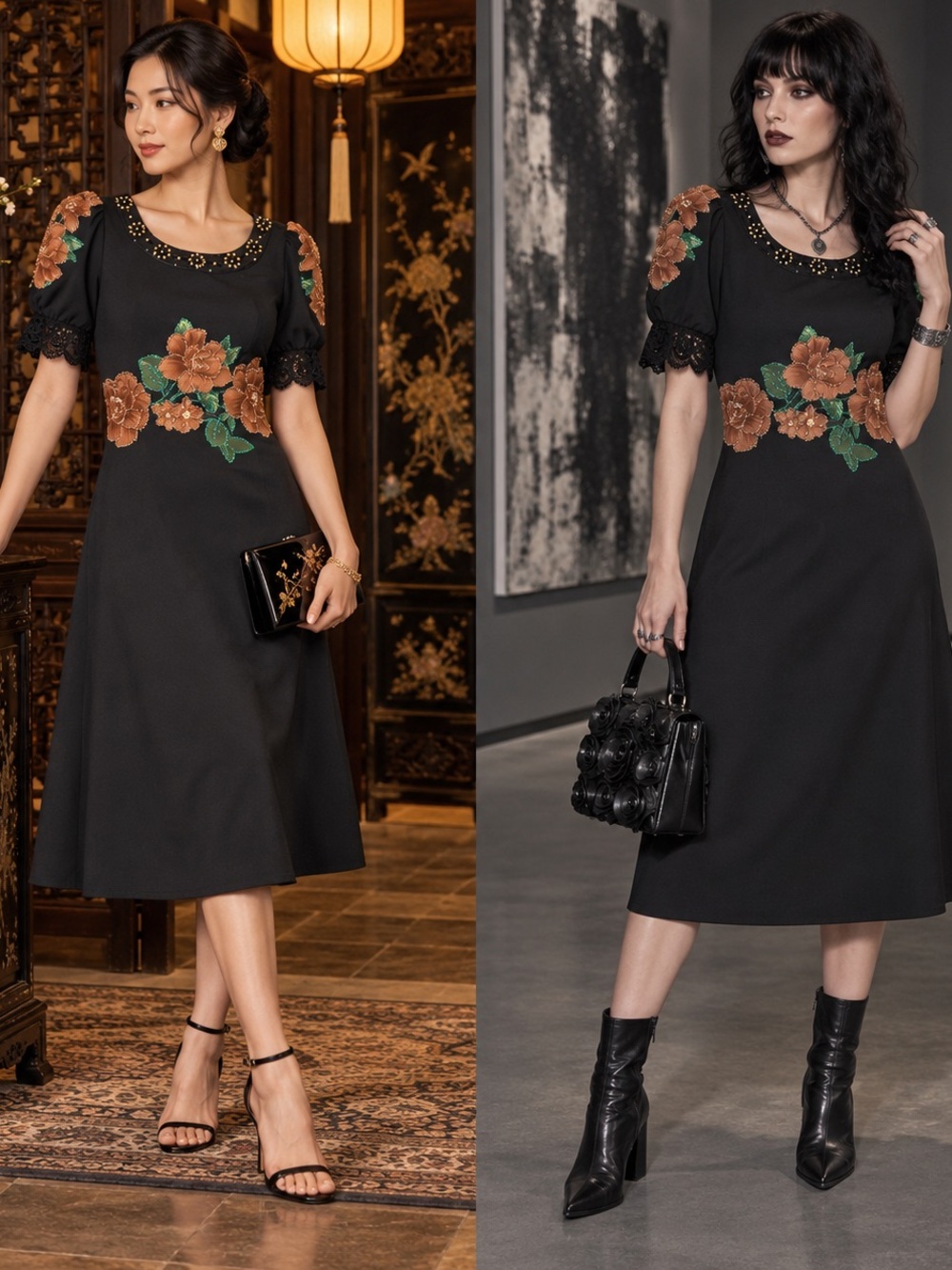 Trang Thuy Black Crystal Floral Appliqué Midi Dress Asian Goth Western
